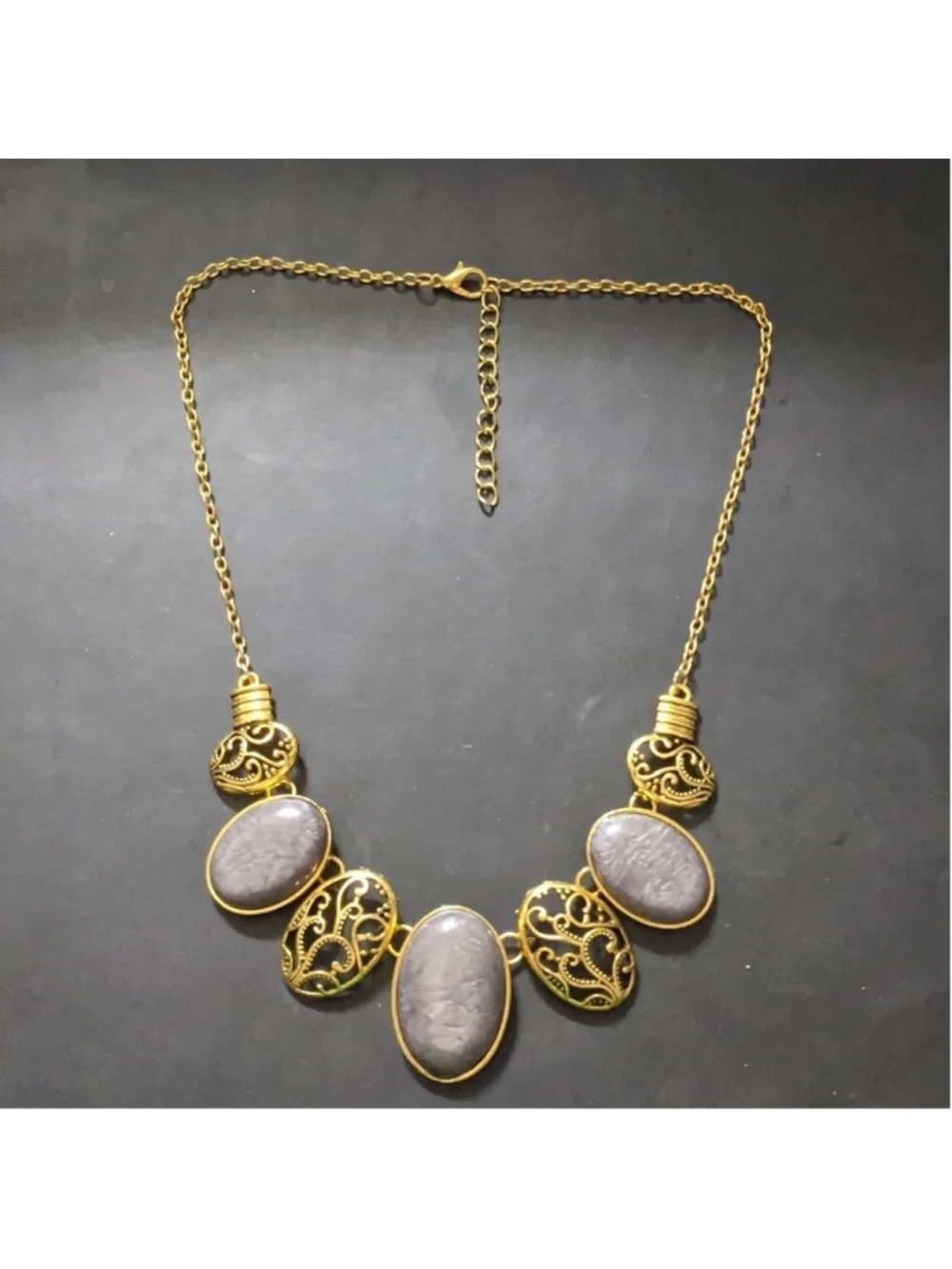 Gold Tone Grey Swirl Oval Filagree Statement Necklace